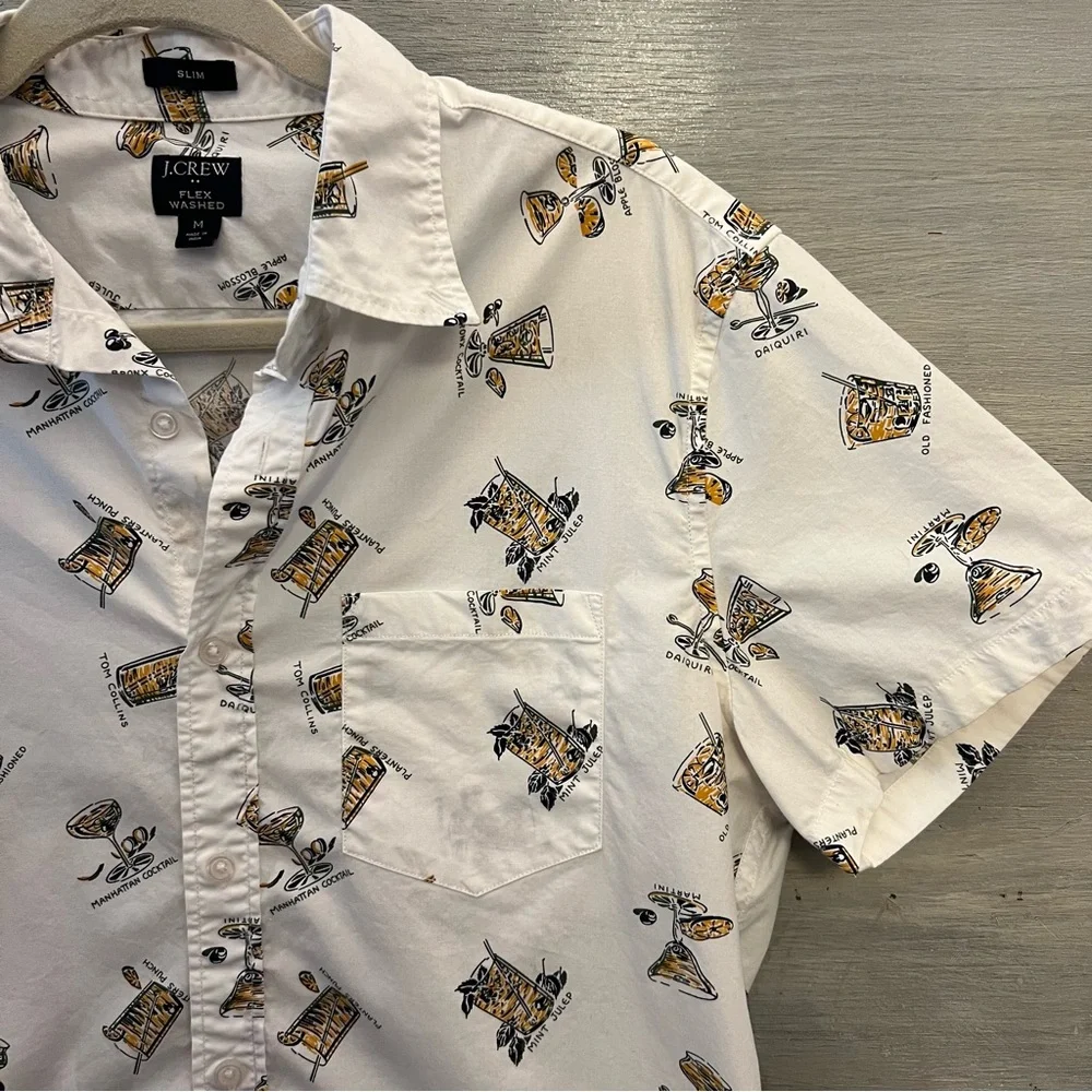 J. Crew Men’s Flex Washed Vintage Cocktail Print‎ Button Down Shirt Medium LN